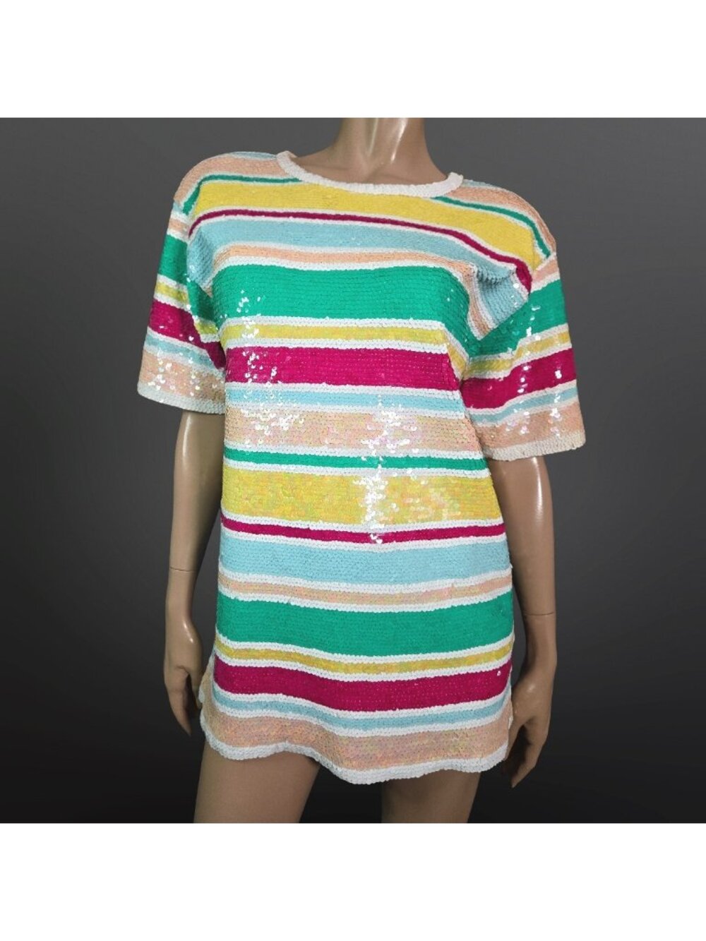 Vintage 80s 90s Adrienne Vittadini Colorful Striped Sequin Tunic Dress Size M